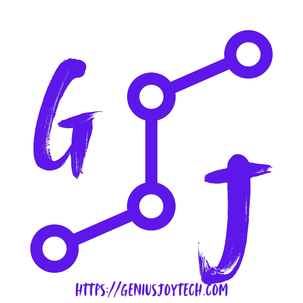 Ícones roxos de compartilhamento e conexão em fundo preto, com texto “https://geniusjoytech.com” embaixo.